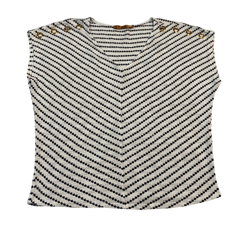 Belldini Black White Chevron Stripe Grommet Shoulder Knit Top V-Neck Small